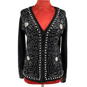 Black cardigan sweater lace applique pearl beadwork embellishment dressy size M